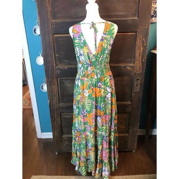 Easel Size S Dress Tropical Floral Sleeveless Flowy V Neck Long Maxi Green - Picture 5 of 11